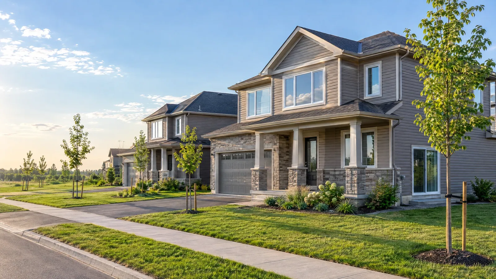 Two-storey houses with vinyl siding, stone-faced porches and white vinyl windows on a new street with staked young trees