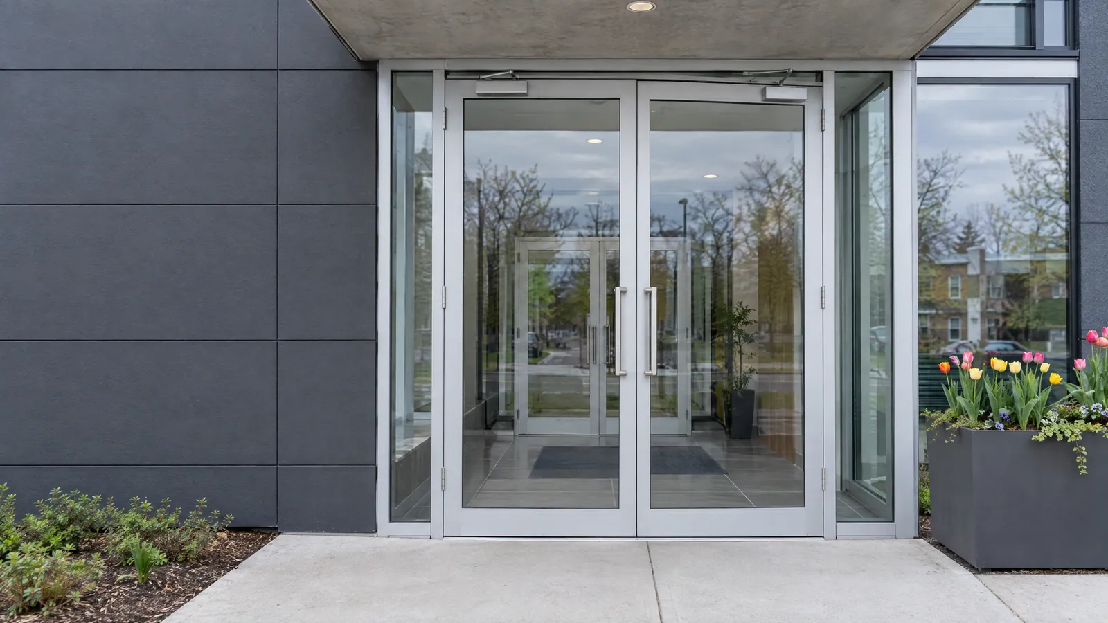 Pair of aluminum-framed glass entry doors with an overhead closer at the lobby of a new apartment building