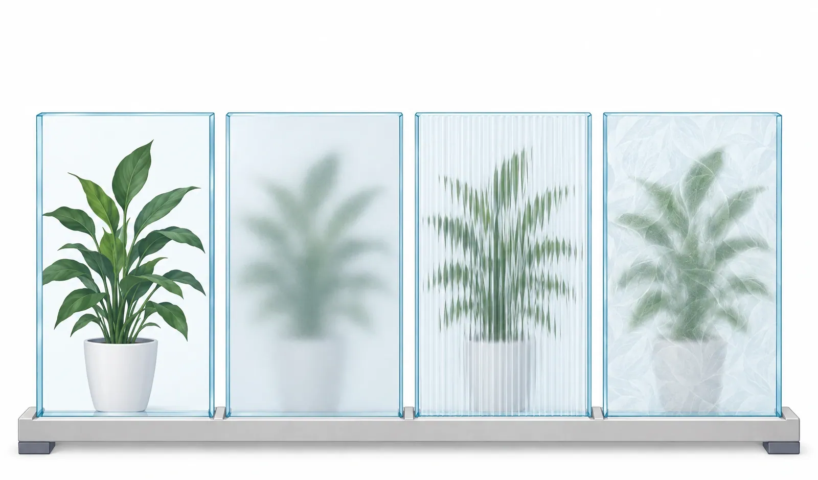 Four upright glass panels in front of the same potted plant, clear, frosted, reeded and patterned, each blurring the plant by a different amount