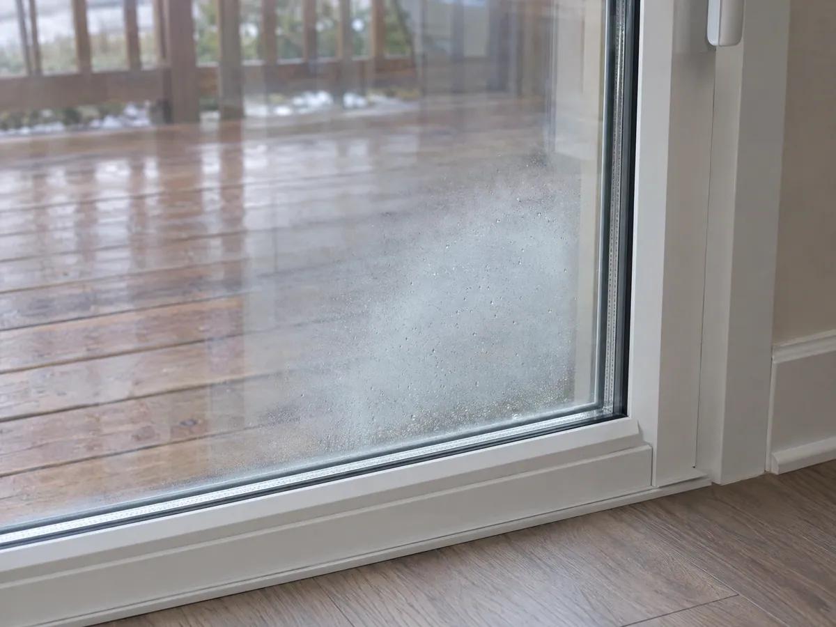 Sliding patio door whose sealed glass panel is clouded by a grey haze and scattered droplets trapped between the panes