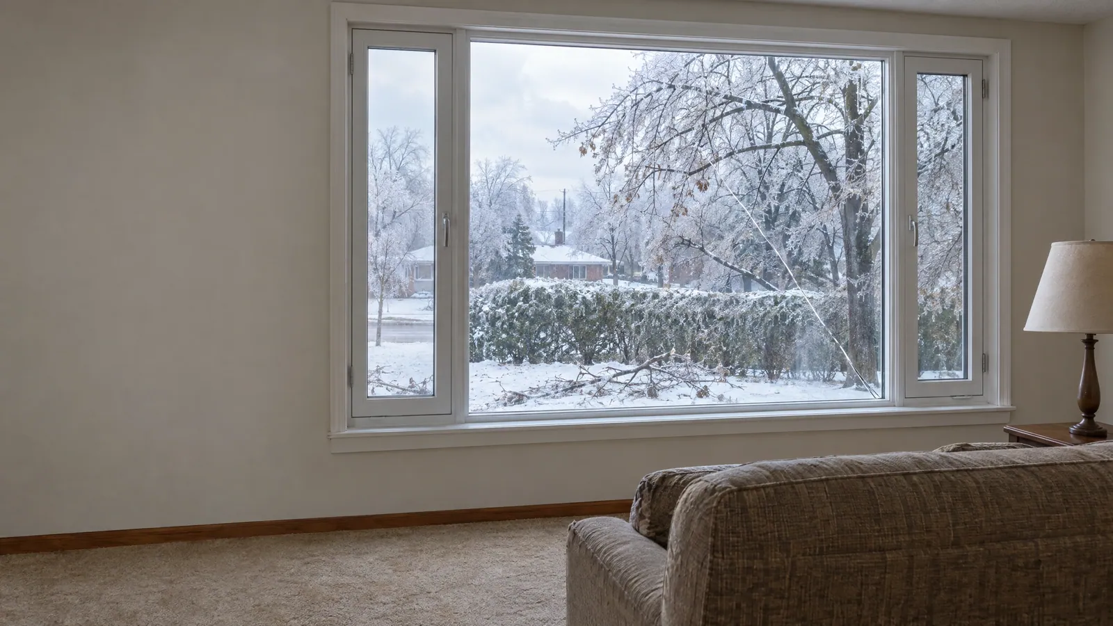 Bungalow living room picture window with a long diagonal crack across the glass and ice-coated trees outside after freezing rain