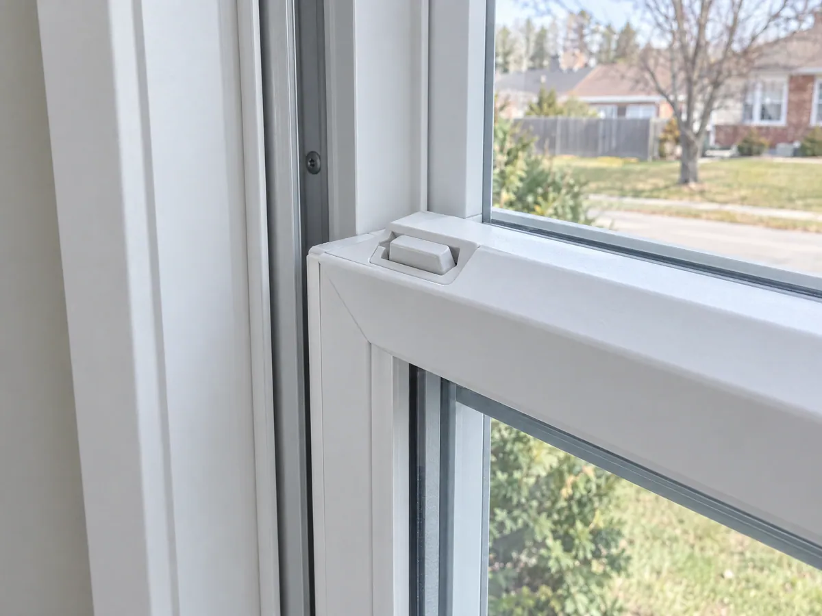 Close-up of the tilt latch on the top rail of a white vinyl double-hung lower sash, the small slide that releases the sash for cleaning