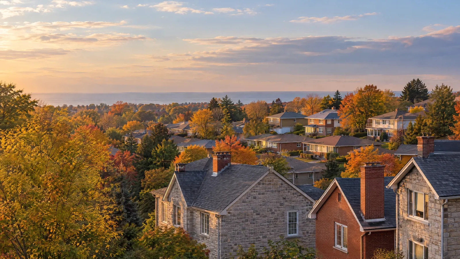 View from above over limestone, brick and suburban rooftops among autumn trees, with a band of Lake Ontario beyond