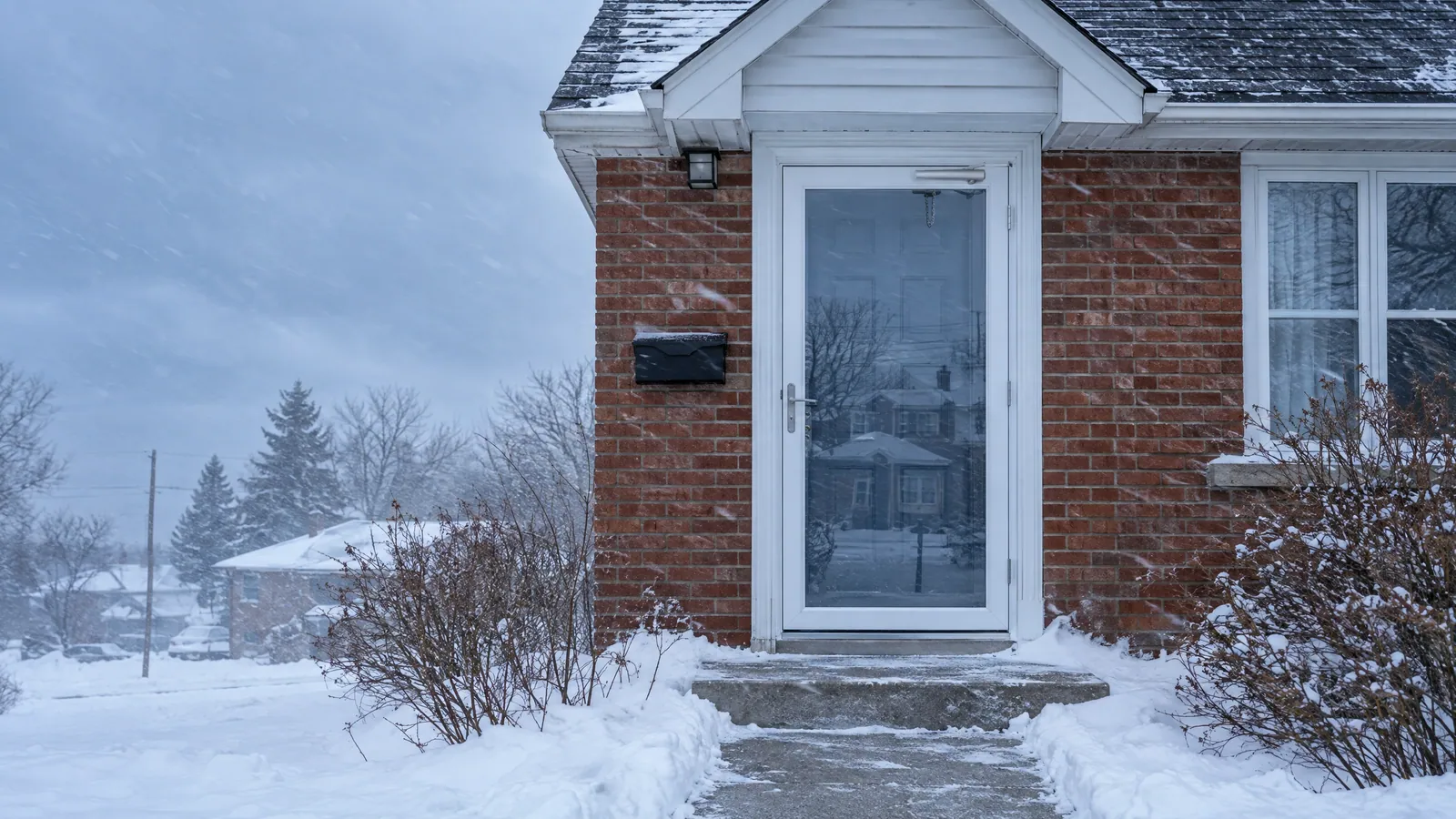 White full-view storm door on a brick storey-and-a-half house, snow blowing across the front steps