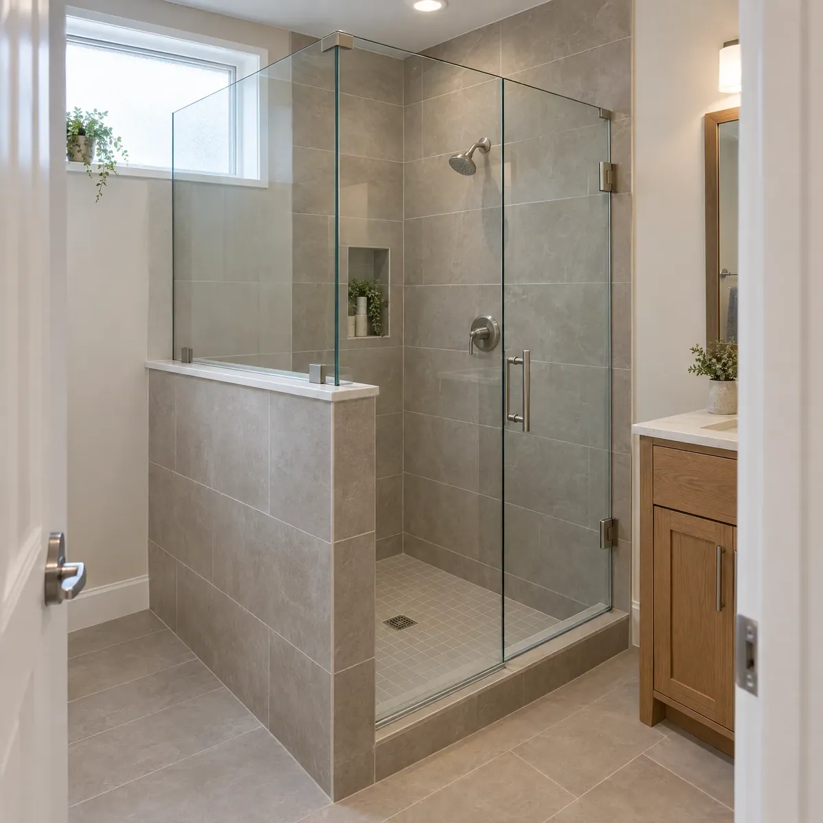 Bathroom shower with a glass panel on a tiled half wall and a frameless door