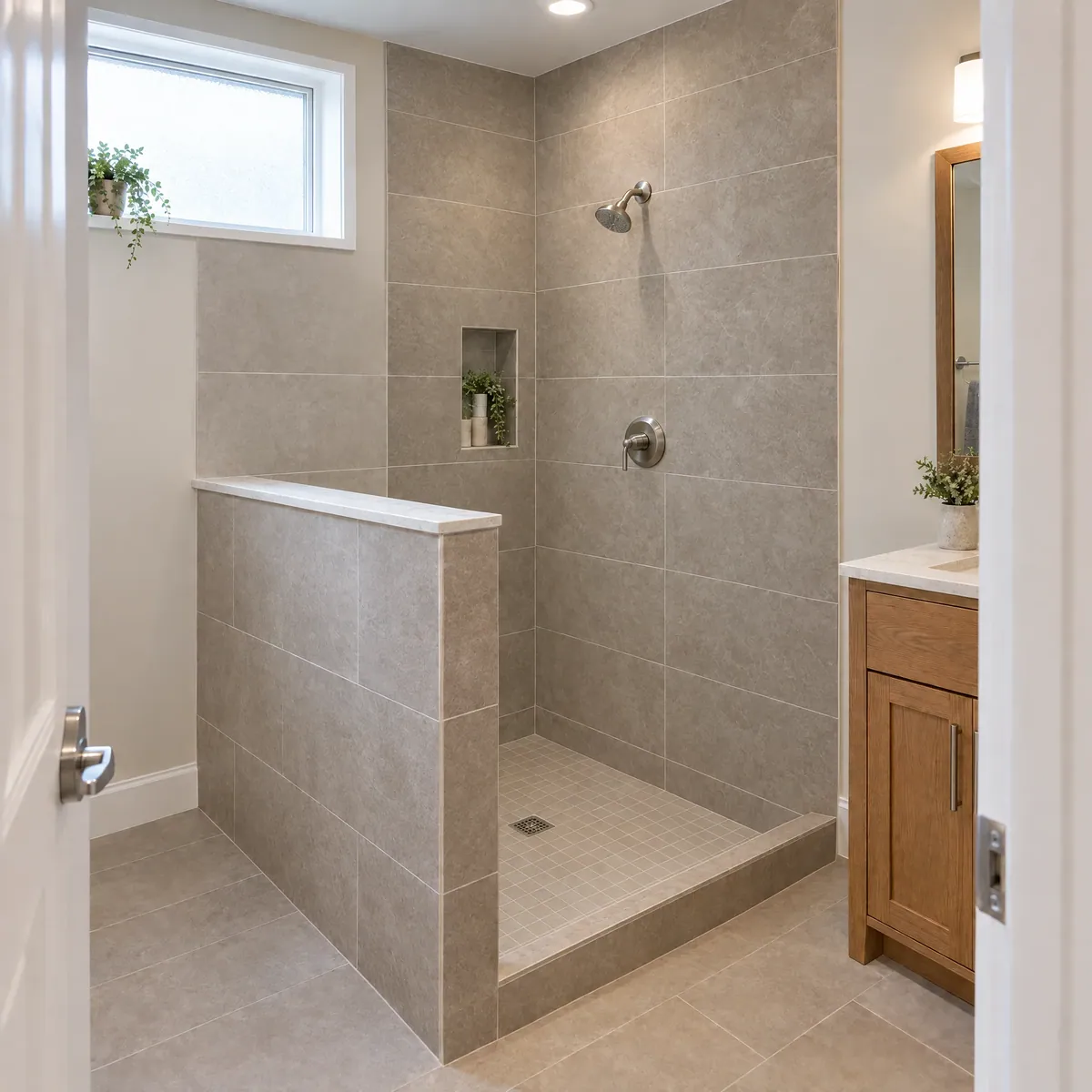 Bathroom with an open tiled shower behind a half wall, no glass