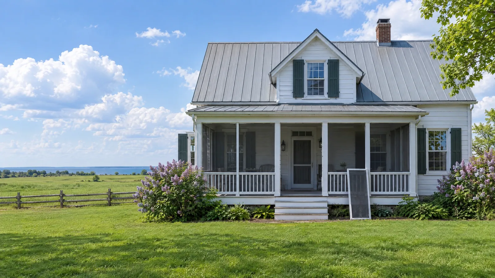 White clapboard farmhouse cottage with a metal roof and a screened porch, one screen panel leaning against the steps, lilacs in bloom and open fields running to the water