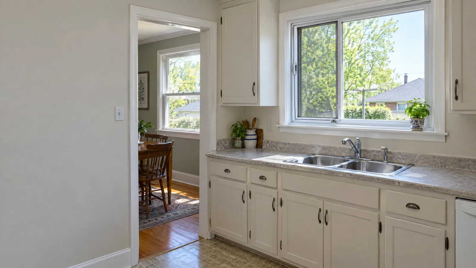 Bungalow kitchen with a white horizontal slider window above a double sink, and a white double-hung window in the dining room beyond the doorway