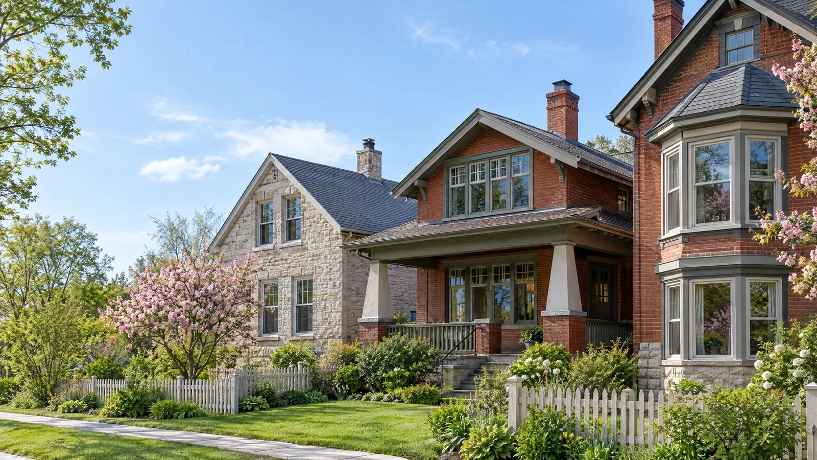 Spring street with a small limestone cottage, a brick Craftsman house with a deep front porch and a Victorian house with a bay window
