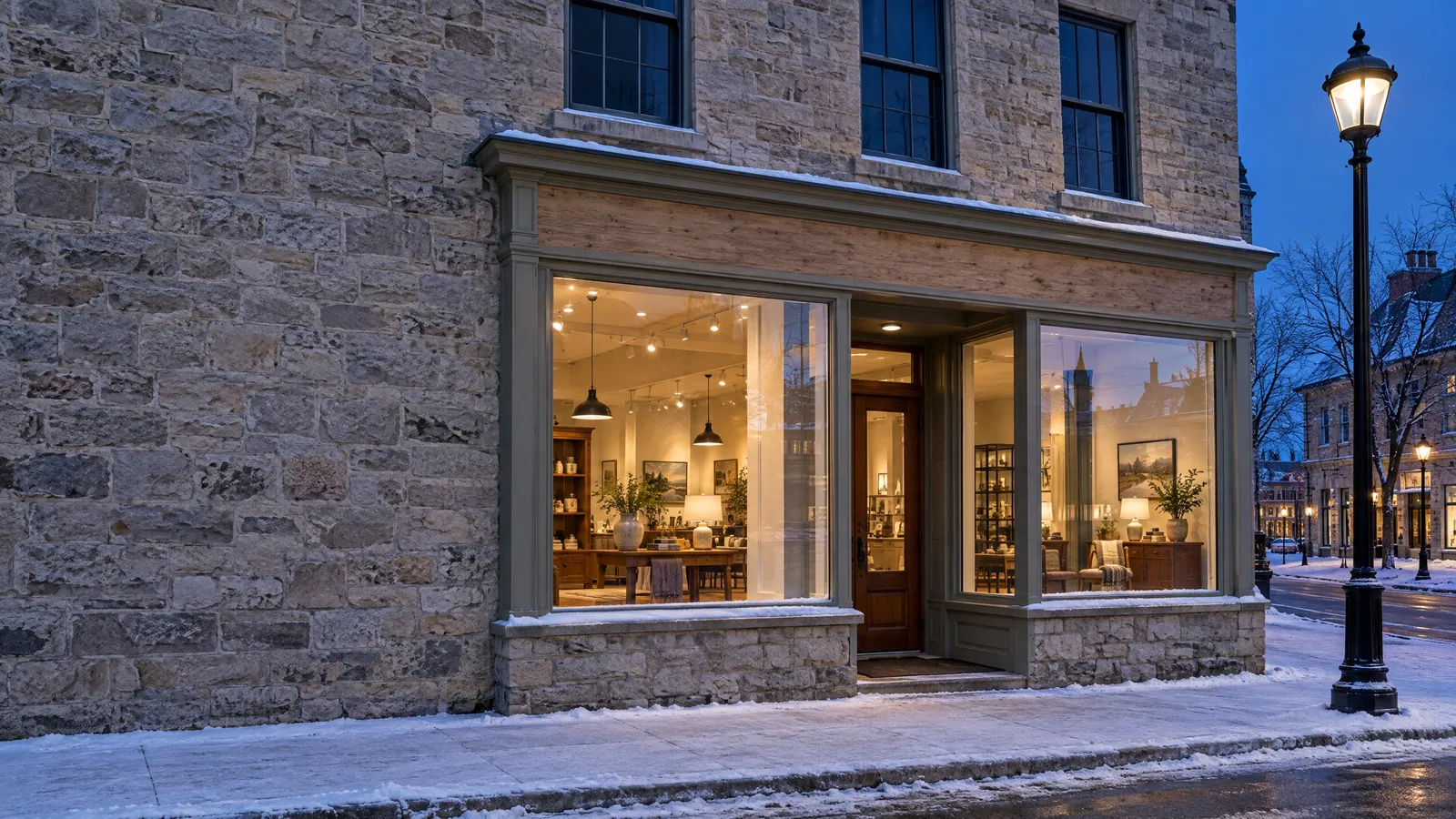 Limestone shopfront downtown at snowy dusk, its display windows lit on either side of a recessed glass entrance door