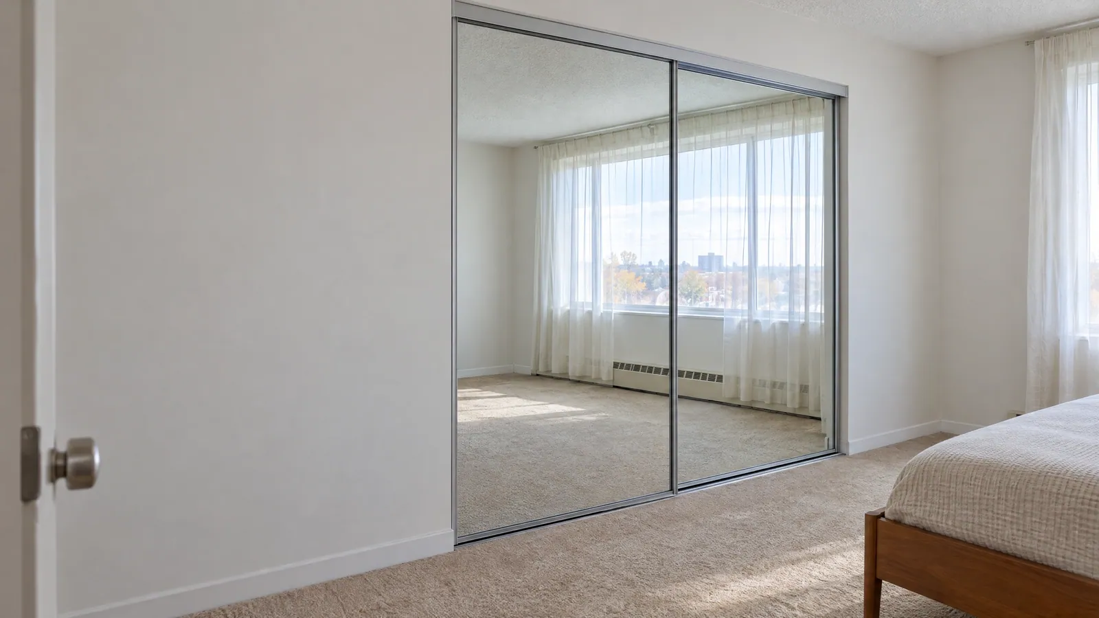 Apartment bedroom with a pair of full-height mirrored bypass closet doors in silver frames, reflecting a curtained window and the carpeted floor
