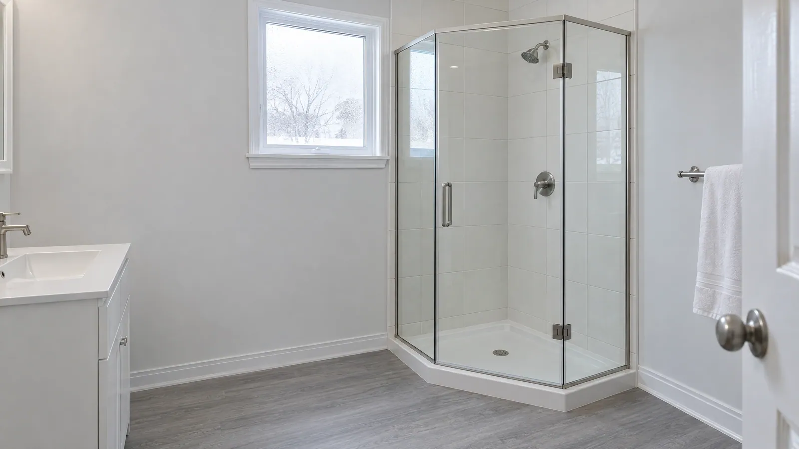 Compact ensuite with a clear neo-angle corner shower: angled glass panels and a hinged door with a long handle, set on a white corner base