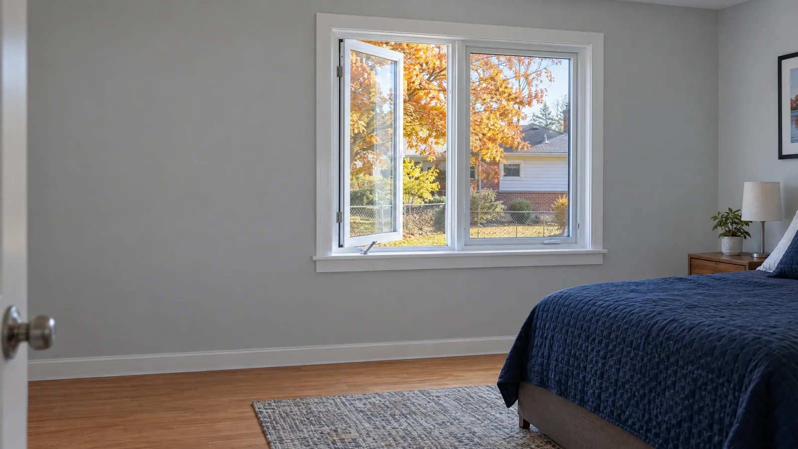 Bedroom in a backsplit house with a new pair of white vinyl casement windows, one cranked open onto a yard in autumn colour