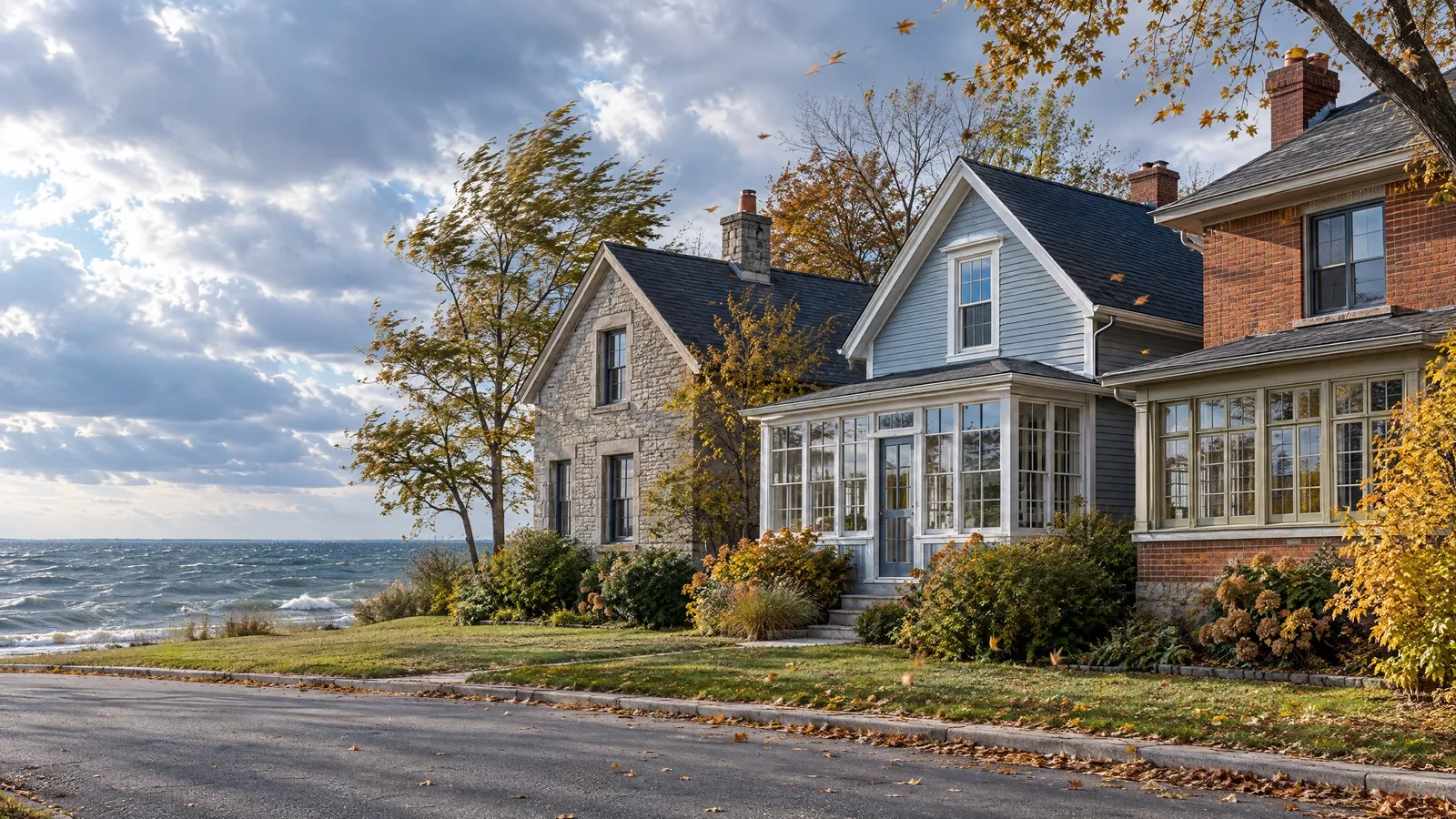Stone, clapboard and brick houses on a lakeside street on a windy autumn day, with whitecaps on the water and leaves blowing