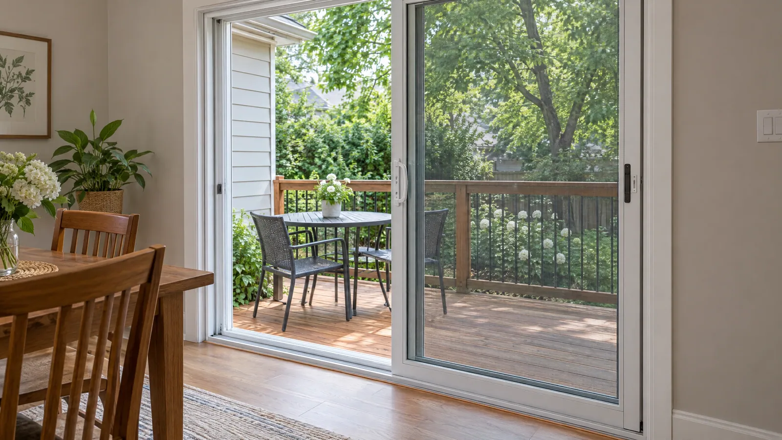 White sliding patio door standing open from a dining room onto a sunlit wooden deck