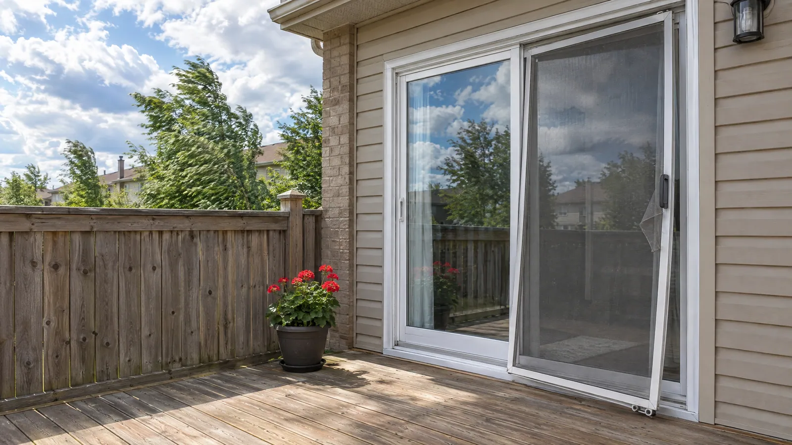 Sliding screen door tipped off its bottom track outside a townhouse patio door, torn mesh hanging loose