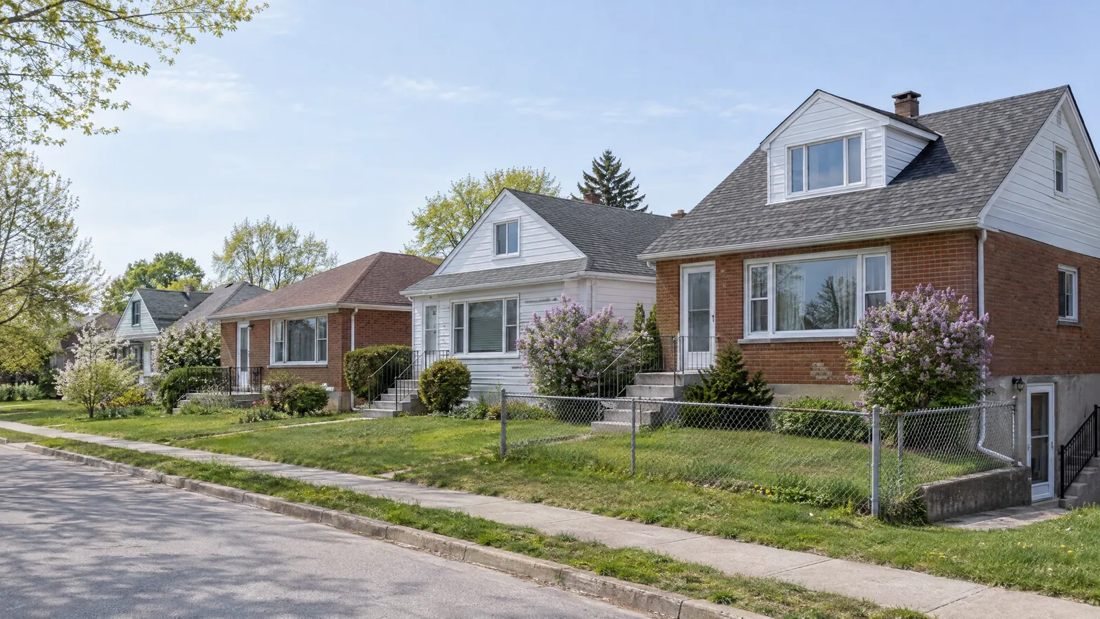 Modest storey-and-a-half brick and sided houses with large picture windows and flowering lilacs along a quiet sidewalk