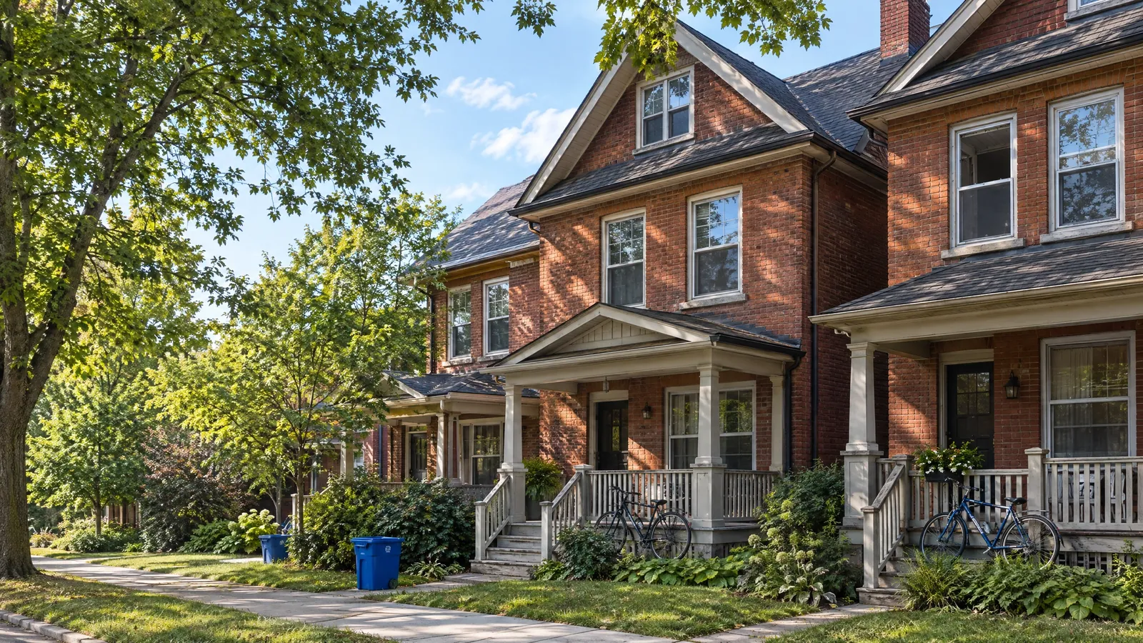 Row of old red-brick semi-detached houses with wooden front porches and tall double-hung windows on a leafy street