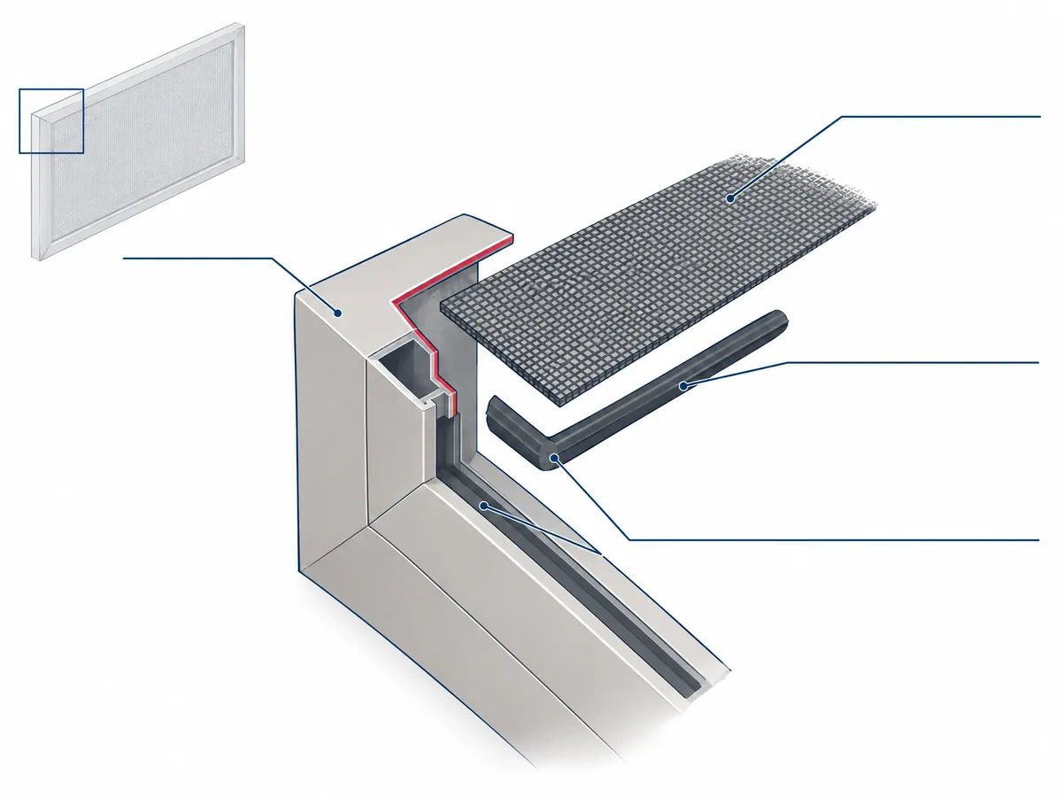 Cutaway of a window screen frame corner showing the channel, the rubber spline pressed into it and the mesh held taut