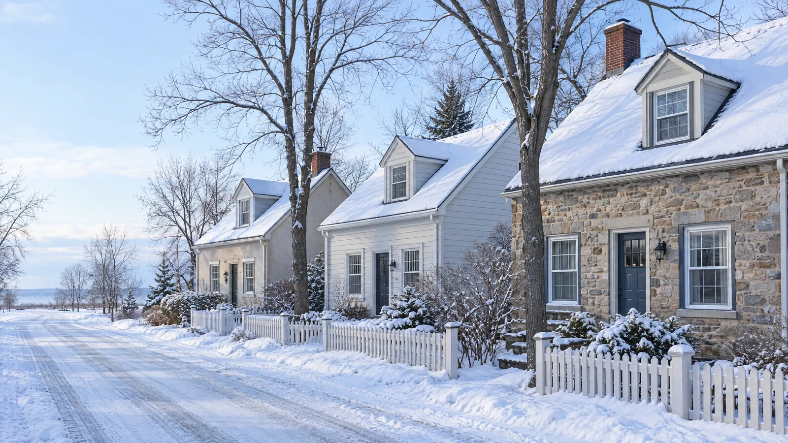 Snowy village lane lined with small storey-and-a-half stone and clapboard houses with dormer windows and storm windows