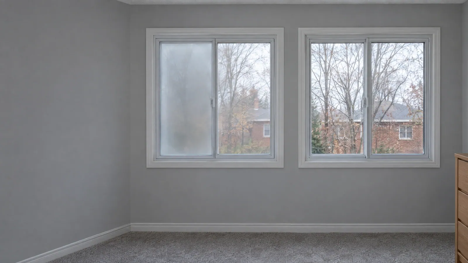 Bedroom with two matching white sliding windows; one pane of the left window is hazy with fog between the glass, the right window is clear