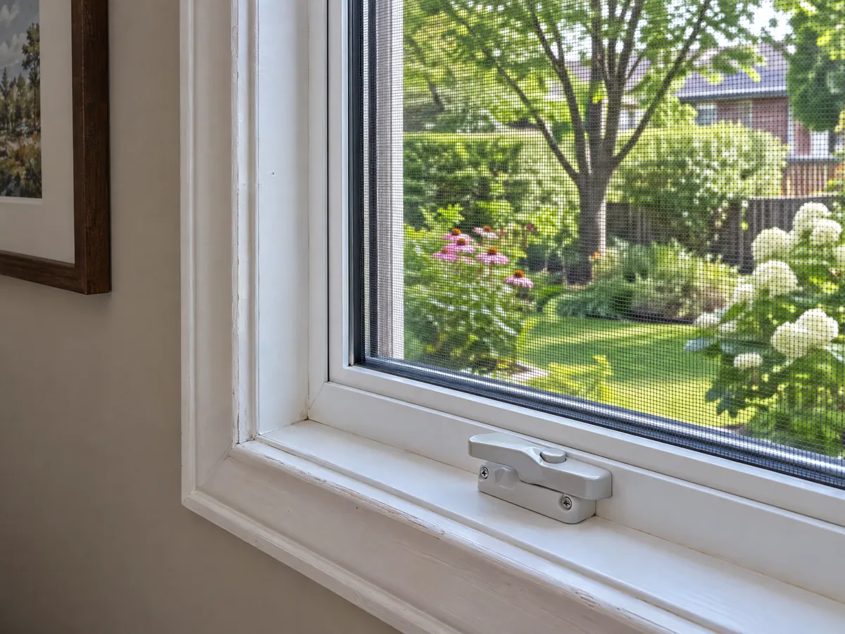 Close-up of a white window sash lock and an insect screen, with a summer garden beyond the glass