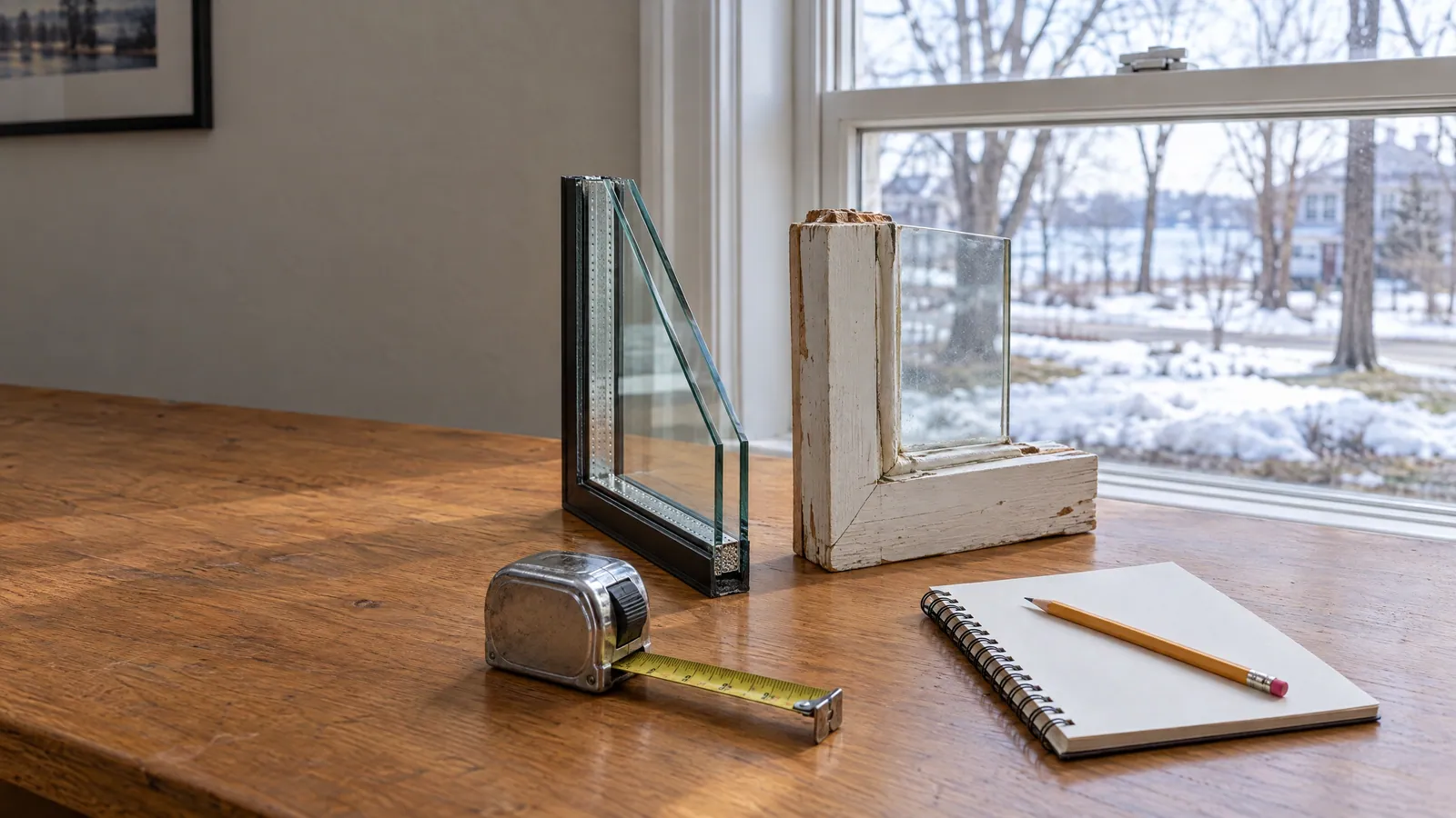 Kitchen table by a snowy window with a cut-away corner of a double-glazed thermal unit, the worn corner of an old wood sash, a tape measure and a notepad